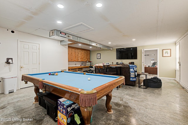 game room featuring baseboards, pool table, concrete floors, and recessed lighting