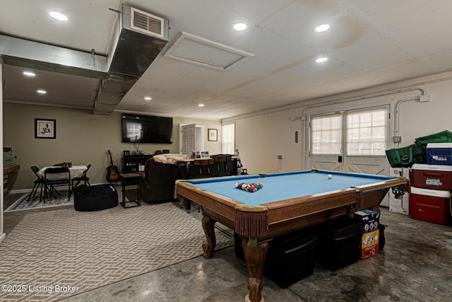 recreation room featuring concrete flooring, recessed lighting, visible vents, and billiards