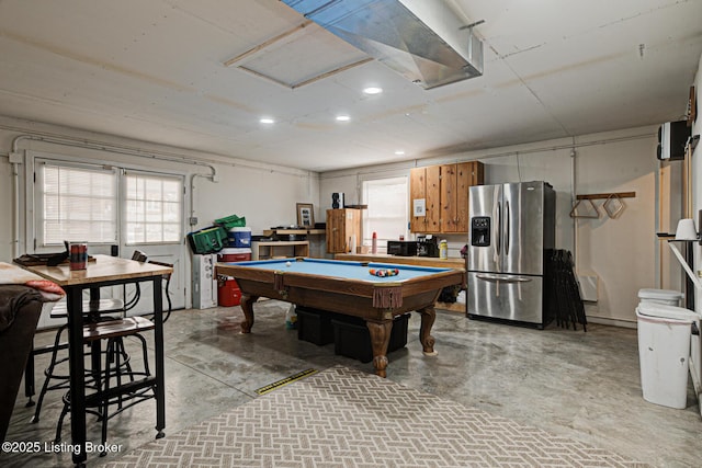 rec room with concrete flooring, recessed lighting, and billiards