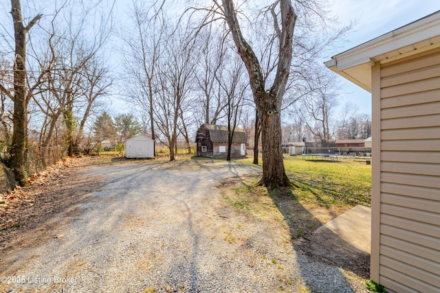 view of yard featuring a storage shed, a trampoline, and an outdoor structure