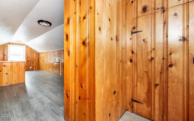 bonus room with lofted ceiling, wood finished floors, and wooden walls