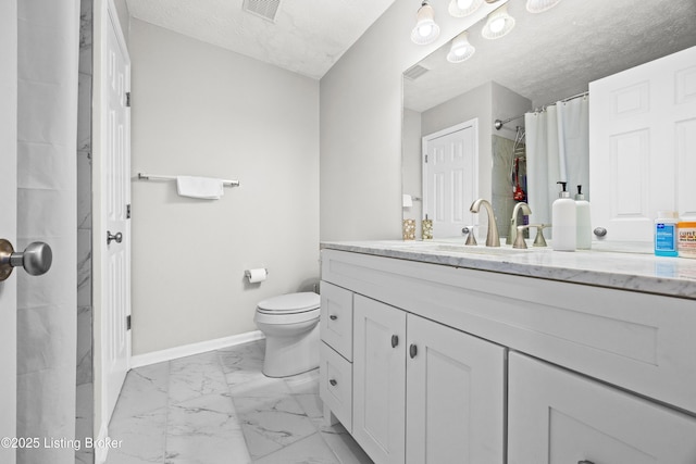 bathroom with a textured ceiling, toilet, visible vents, baseboards, and marble finish floor