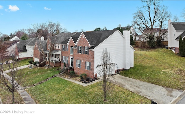 view of front of home featuring a garage, concrete driveway, a residential view, a front lawn, and a chimney