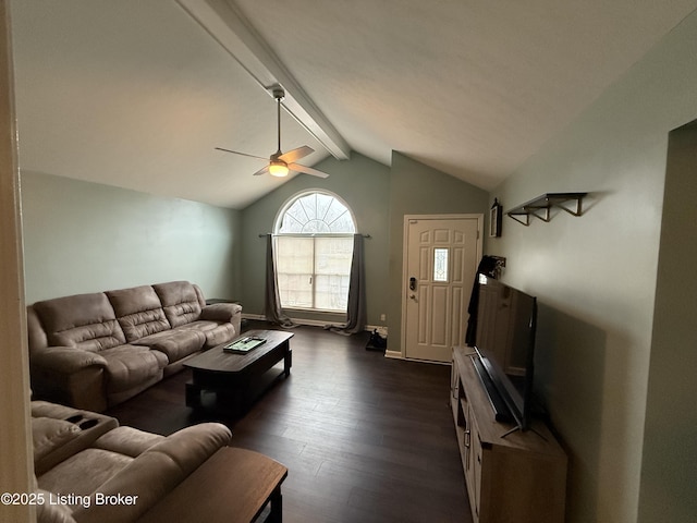 living room featuring baseboards, vaulted ceiling with beams, ceiling fan, and dark wood-style flooring