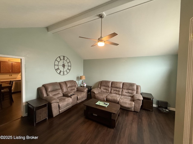 living room featuring a ceiling fan, vaulted ceiling with beams, wood finished floors, and baseboards