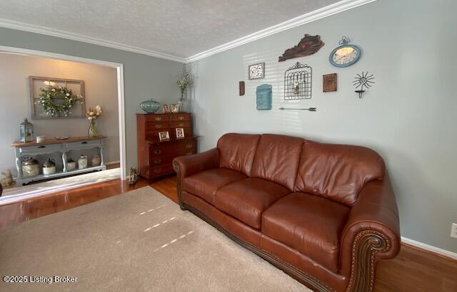 living area with a textured ceiling, crown molding, and wood finished floors