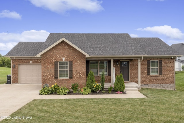 ranch-style home featuring driveway, a garage, a front lawn, and roof with shingles