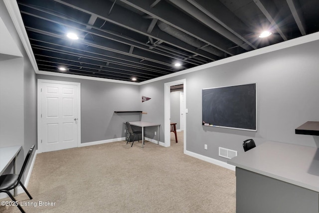 home office featuring carpet, visible vents, and baseboards