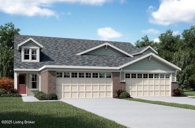 view of front facade featuring a garage, driveway, brick siding, and a front yard