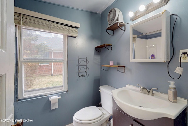 bathroom with toilet, plenty of natural light, and vanity