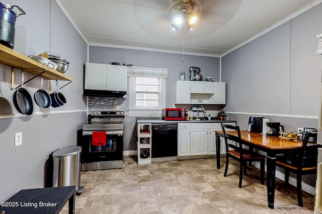 kitchen with white cabinets, dishwasher, stainless steel electric range oven, and crown molding