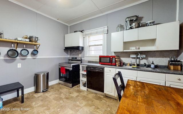 kitchen with a sink, black dishwasher, stainless steel range with electric cooktop, white cabinetry, and open shelves