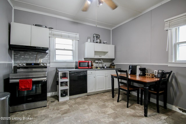 kitchen featuring stainless steel electric range oven, white cabinetry, a sink, under cabinet range hood, and dishwasher