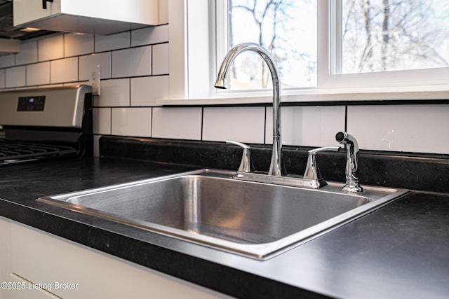 interior details with backsplash, dark countertops, and a sink