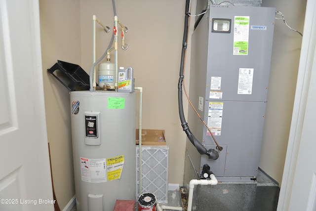 utility room with electric water heater and heating unit