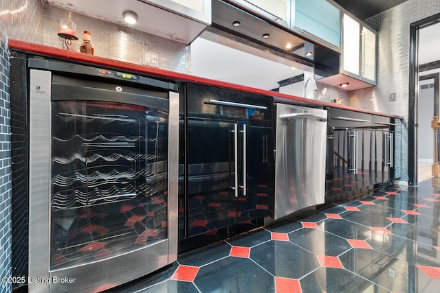 interior space featuring wine cooler and tile patterned floors