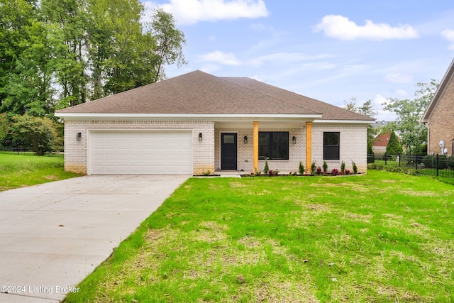 ranch-style home featuring fence, a front lawn, and brick siding