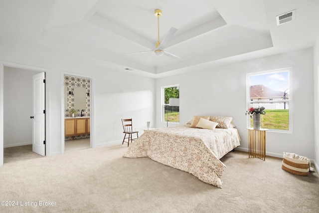 bedroom featuring baseboards, multiple windows, and a tray ceiling