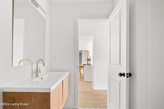 bathroom with wood finished floors and vanity