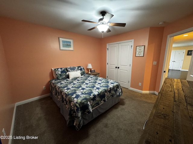 bedroom with carpet floors, a ceiling fan, baseboards, and a closet