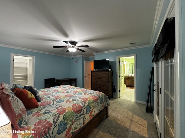 bedroom with light carpet, a ceiling fan, visible vents, and crown molding