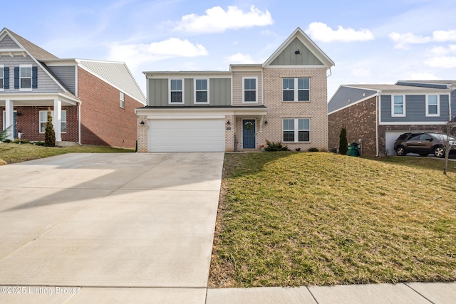 view of front of home with a garage, a front yard, concrete driveway, and board and batten siding