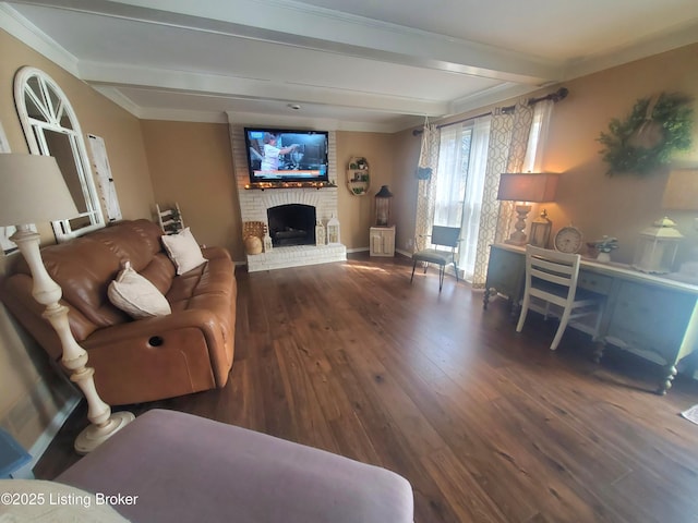 living room with a brick fireplace, wood finished floors, beam ceiling, and crown molding