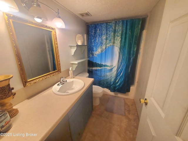 bathroom with visible vents, toilet, curtained shower, a textured ceiling, and vanity