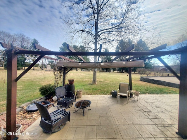 view of patio with an outdoor fire pit and a pergola