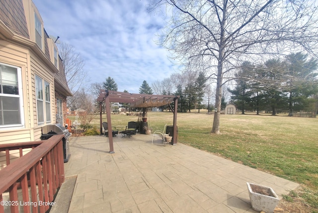 view of patio featuring a storage shed, grilling area, a pergola, and an outbuilding