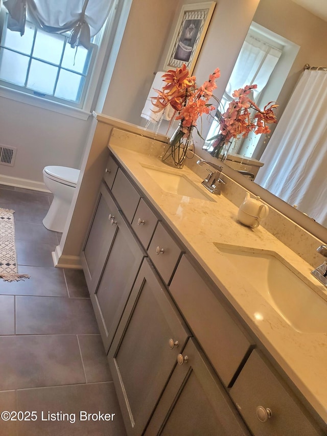 full bathroom with toilet, tile patterned flooring, visible vents, and a sink