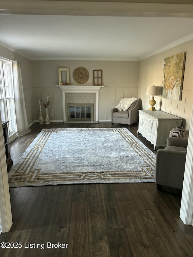 living area featuring dark wood-style floors, a glass covered fireplace, wainscoting, and crown molding