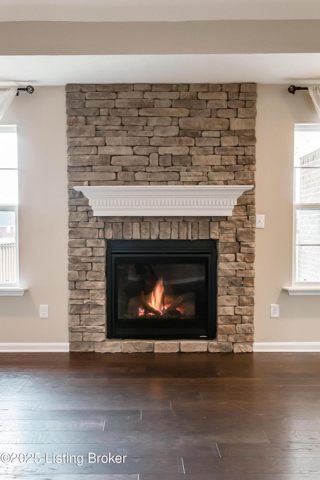 details with a stone fireplace, wood finished floors, and baseboards