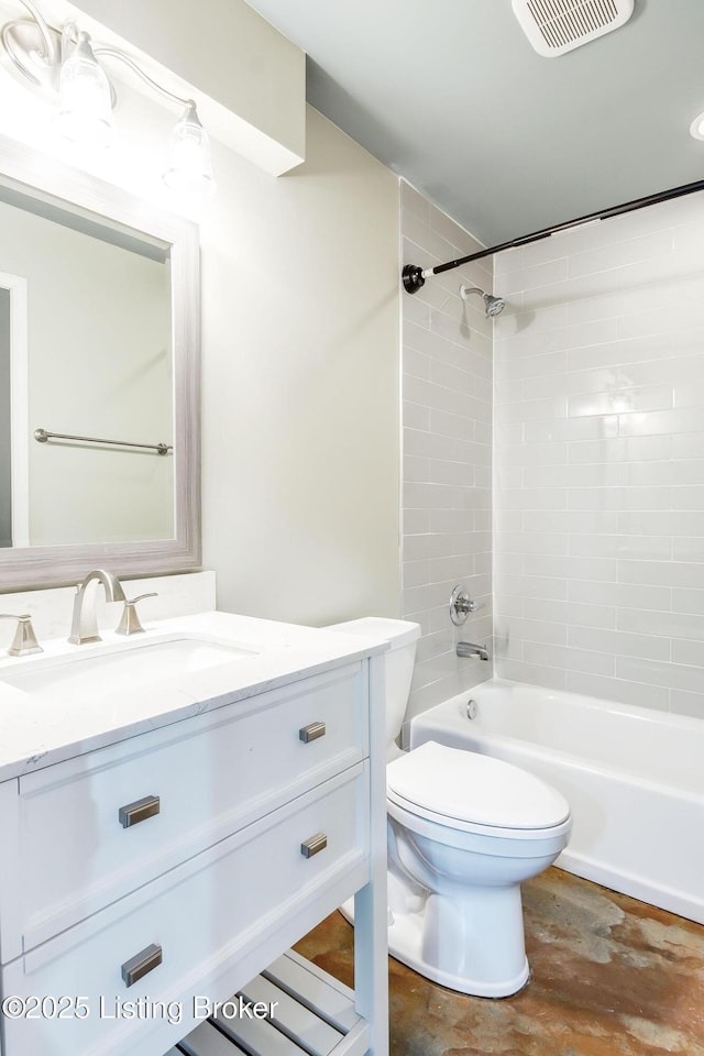 full bath featuring toilet, shower / tub combination, visible vents, and vanity