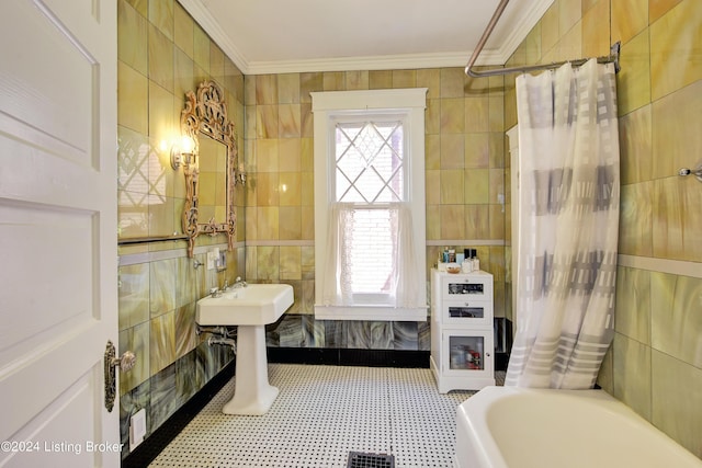 full bath featuring ornamental molding, a shower with shower curtain, a bathtub, and tile walls