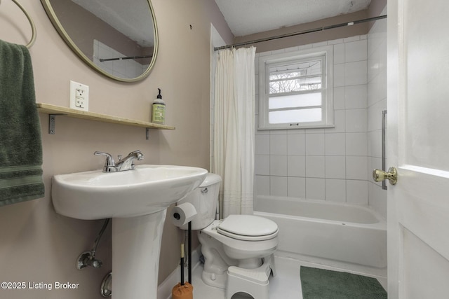 bathroom with toilet and shower / tub combo with curtain