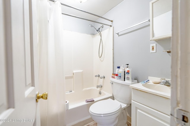 full bathroom featuring toilet, shower / bathtub combination with curtain, and vanity