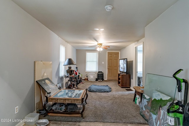 interior space featuring carpet floors and ceiling fan