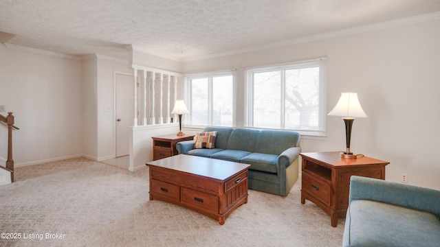 living room featuring light carpet, a textured ceiling, and crown molding