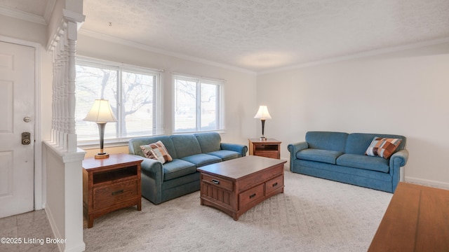 living area with light colored carpet, baseboards, a textured ceiling, and ornamental molding