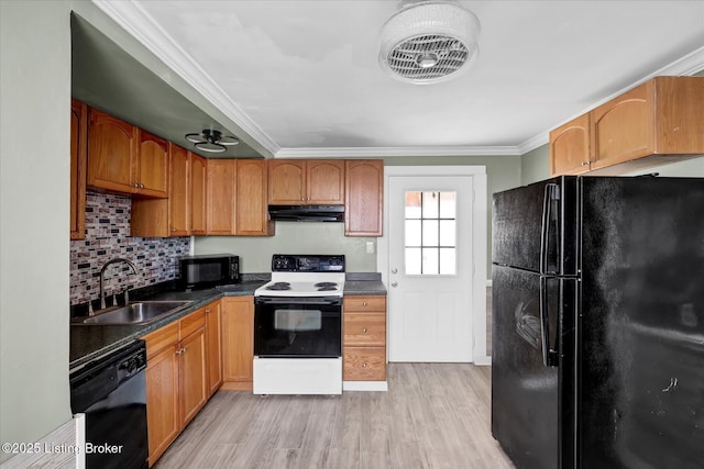 kitchen featuring light wood finished floors, ornamental molding, a sink, under cabinet range hood, and black appliances