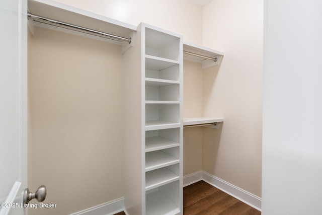 spacious closet with dark wood-style flooring