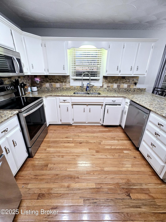 kitchen with white cabinets, a sink, stainless steel appliances, light wood-type flooring, and backsplash