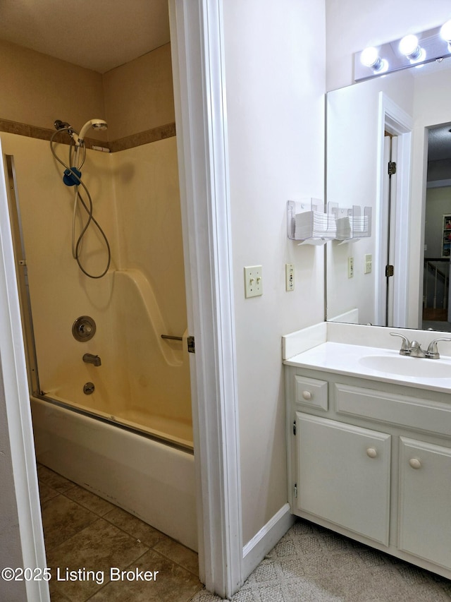 bathroom featuring tile patterned flooring, shower / bath combination, and vanity