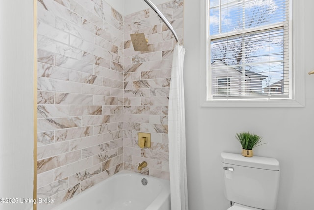 bathroom featuring toilet and shower / bathtub combination with curtain