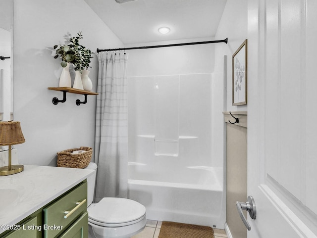 full bath featuring vanity, shower / bath combination with curtain, toilet, and tile patterned floors