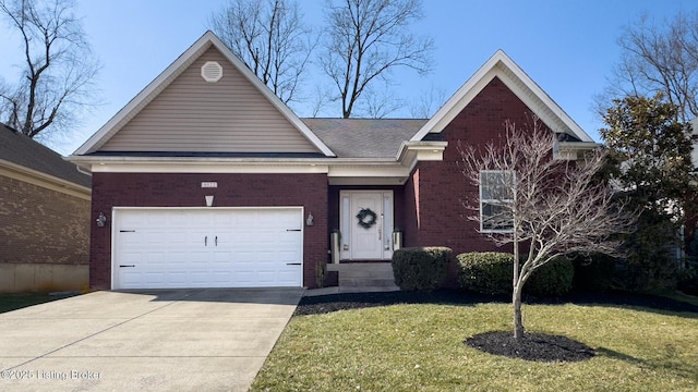 ranch-style home with a garage, driveway, brick siding, and a front yard