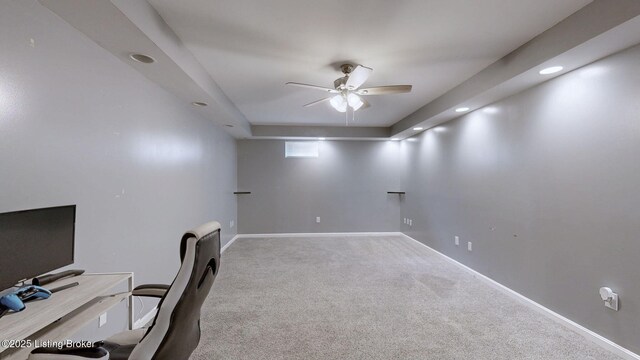 carpeted home office with recessed lighting, baseboards, and a ceiling fan