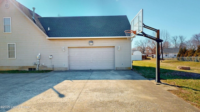 exterior space with a lawn, driveway, an attached garage, and roof with shingles