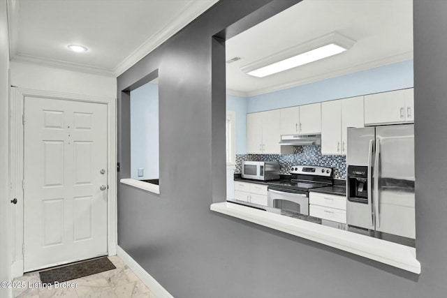 kitchen featuring ornamental molding, marble finish floor, stainless steel appliances, under cabinet range hood, and backsplash